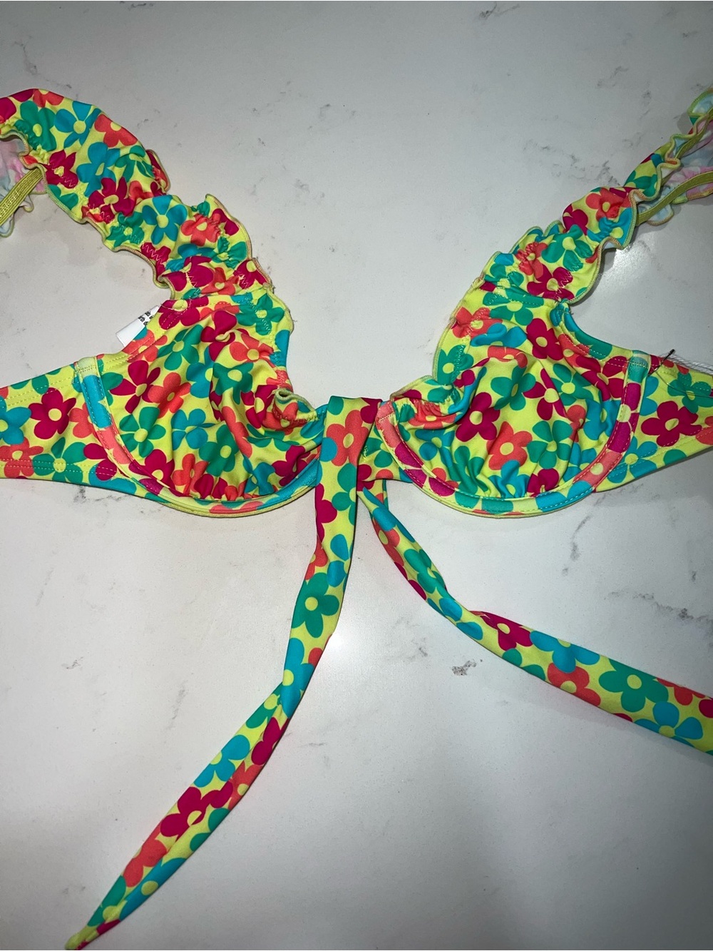 Forever 21 Yellow Floral String Bikini Top with Pink & Teal Flowers